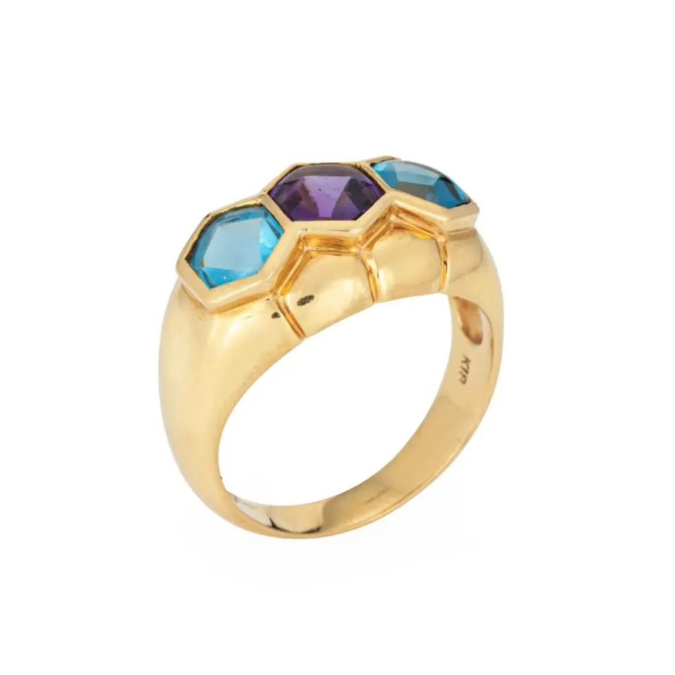 Bague vintage en or jaune avec améthyste et topaze bleue