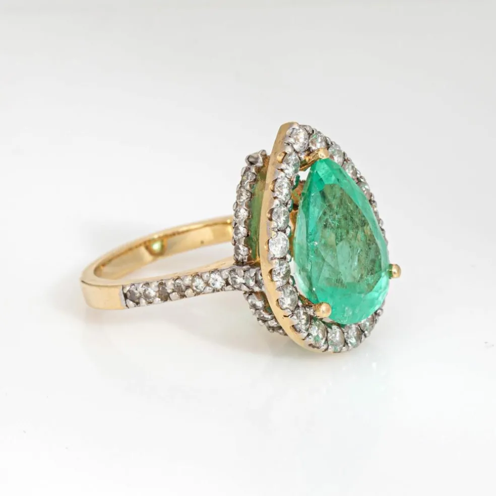 Bague vintage en or jaune 14 carats avec diamants et émeraude de 8,45 ct, taille poire