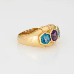 Bague vintage en or jaune avec améthyste et topaze bleue