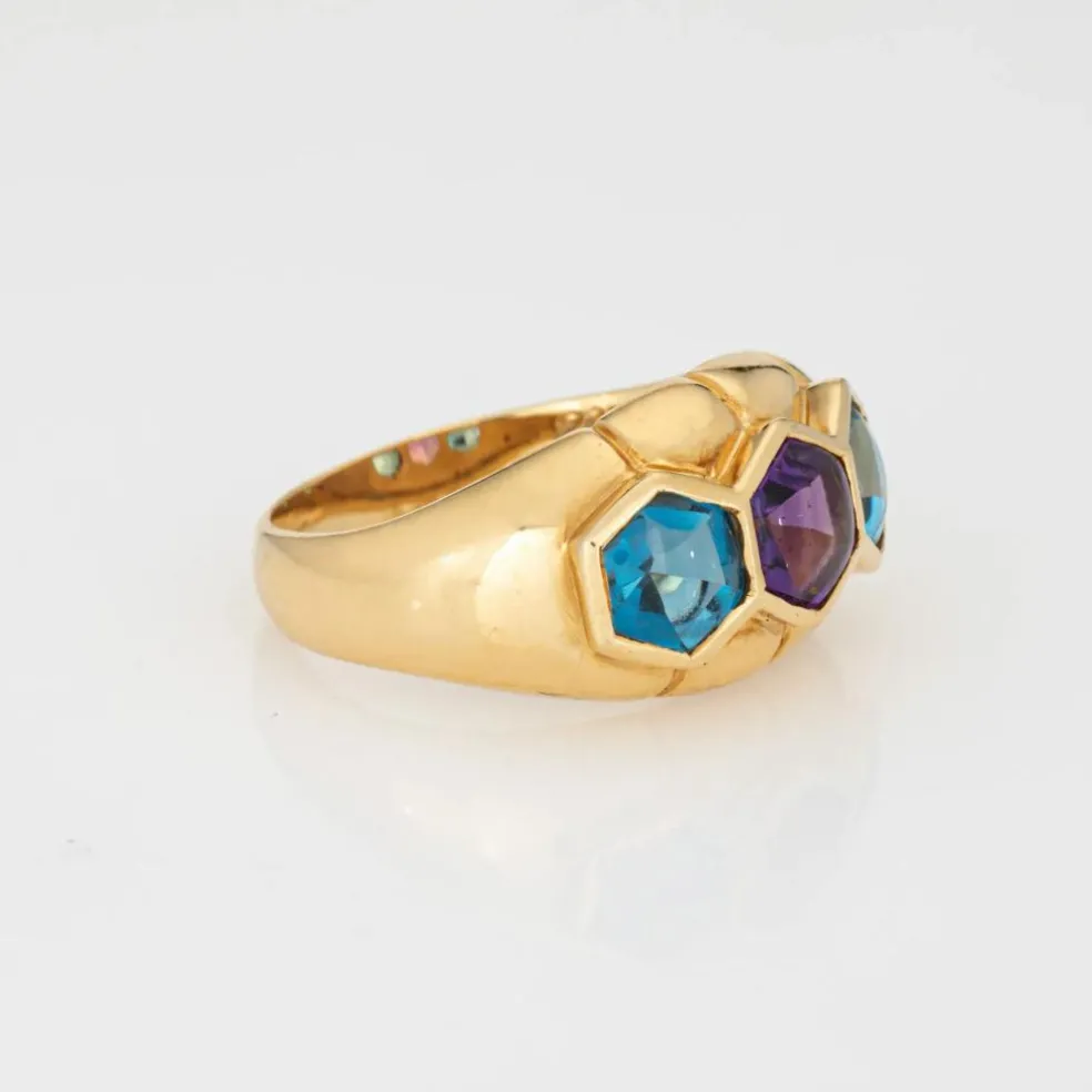 Bague vintage en or jaune avec améthyste et topaze bleue