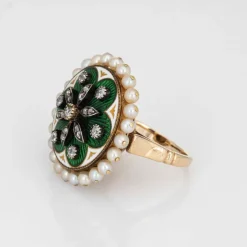 Bague vintage en or jaune avec diamants et perles, émail vert, grande taille, ronde