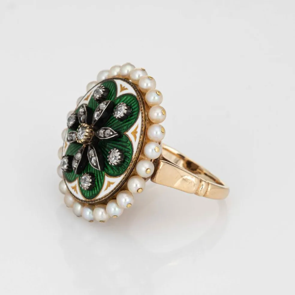 Bague vintage en or jaune avec diamants et perles, émail vert, grande taille, ronde