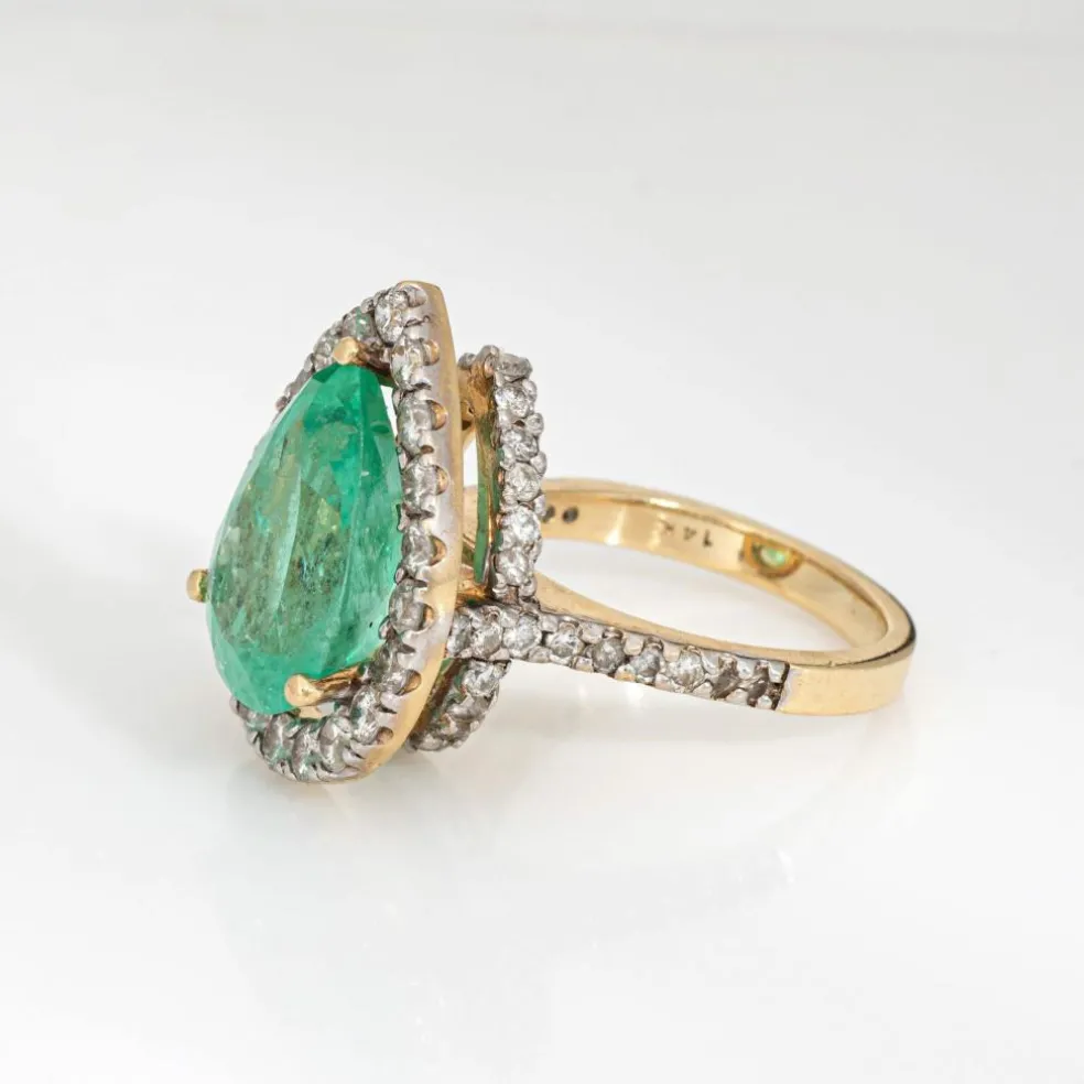 Bague vintage en or jaune 14 carats avec diamants et émeraude de 8,45 ct, taille poire