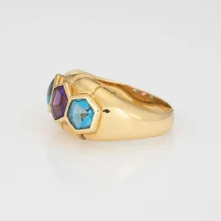 Bague vintage en or jaune avec améthyste et topaze bleue
