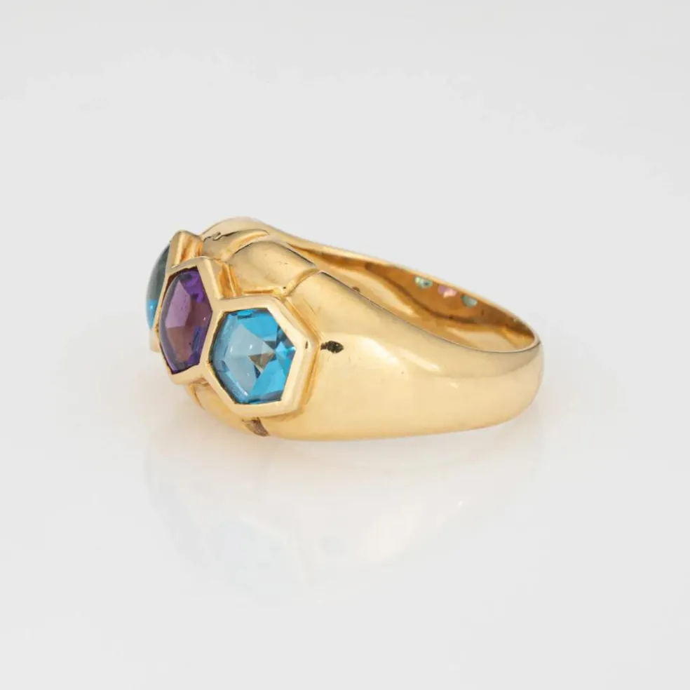 Bague vintage en or jaune avec améthyste et topaze bleue