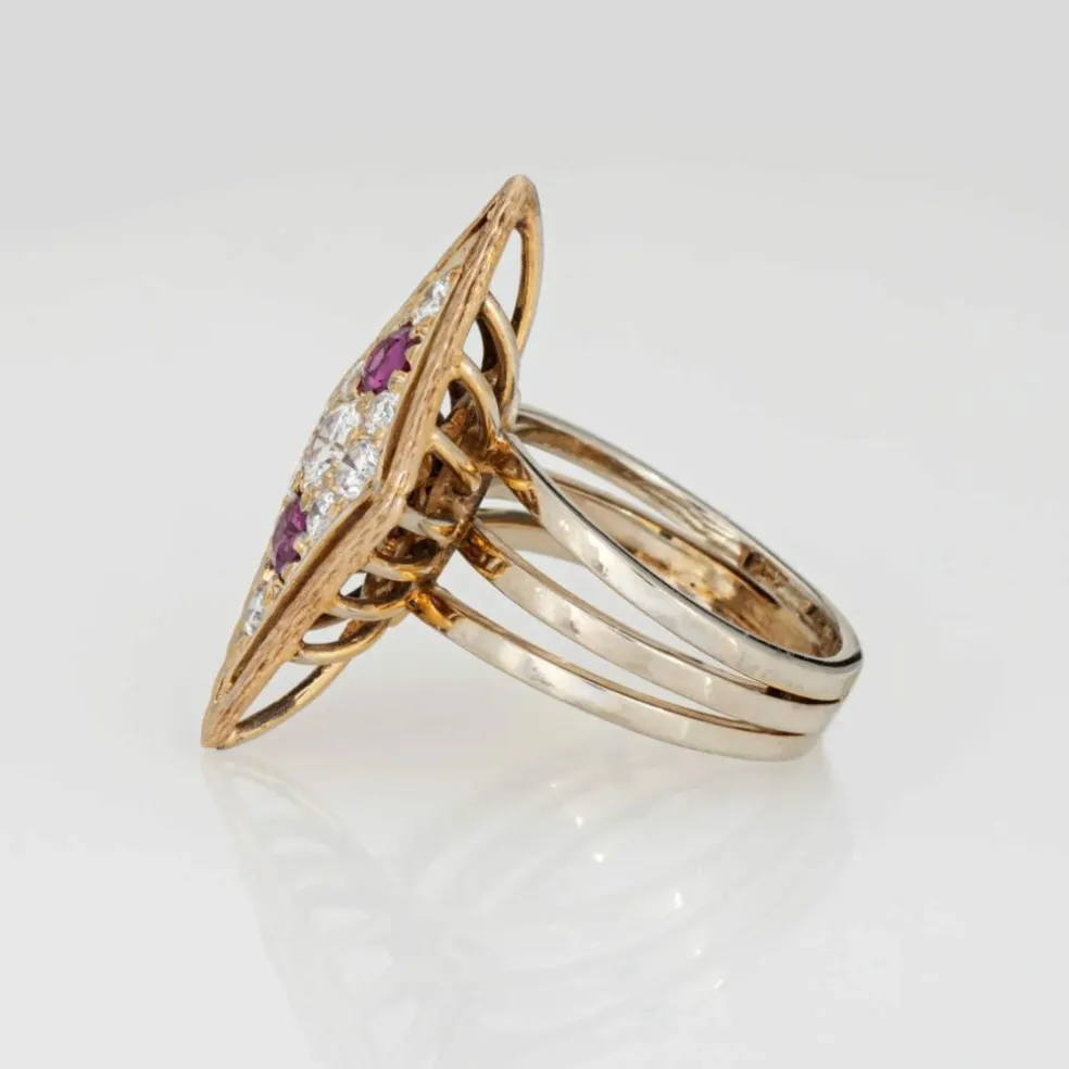 Bague vintage en or jaune avec diamants et rubis des années 80
