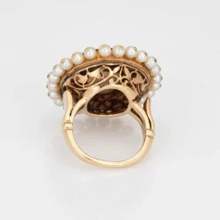 Bague vintage en or jaune avec diamants et perles, émail vert, grande taille, ronde