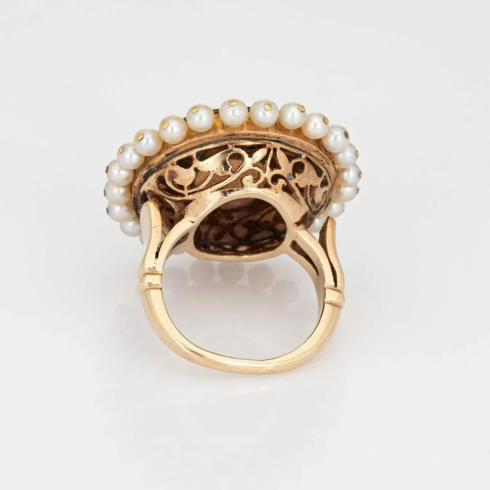 Bague vintage en or jaune avec diamants et perles, émail vert, grande taille, ronde