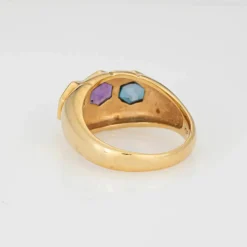 Bague vintage en or jaune avec améthyste et topaze bleue