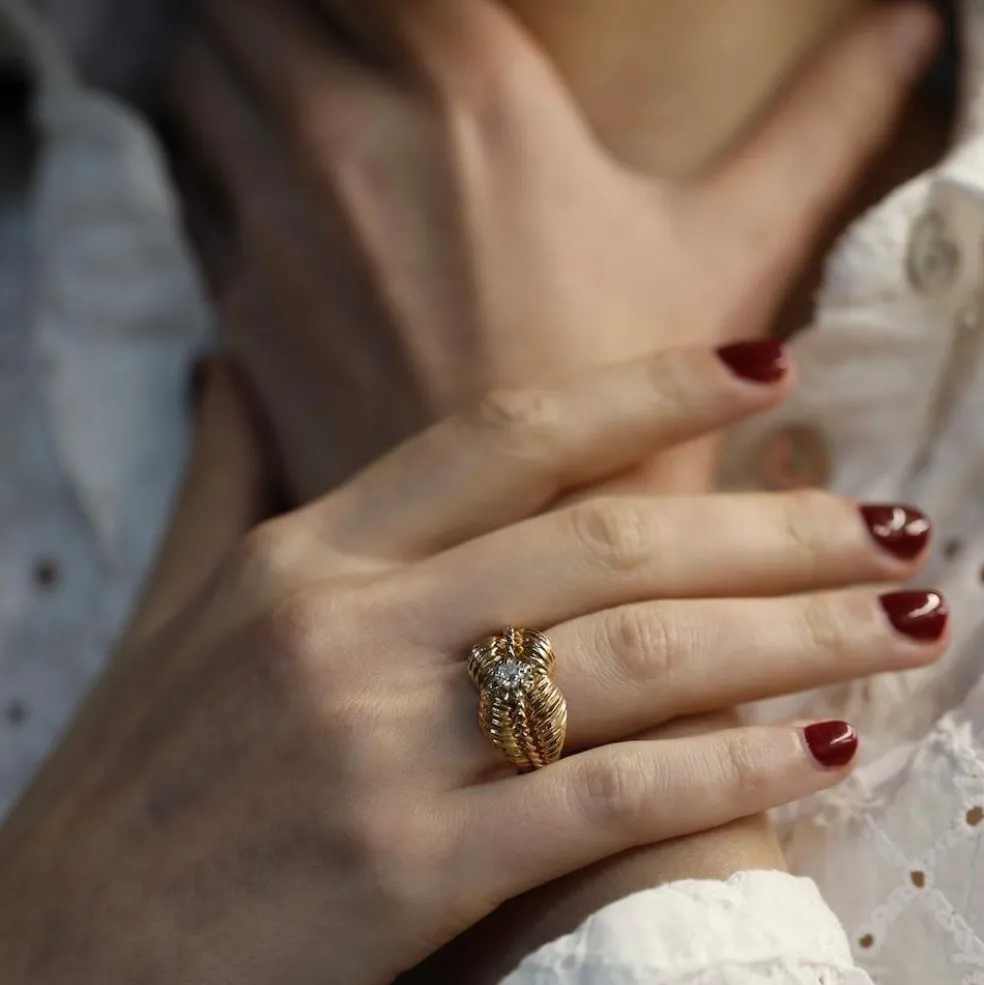 Bague vintage en or rose 18K et platine avec diamant – Vers 1950 – Taille 55