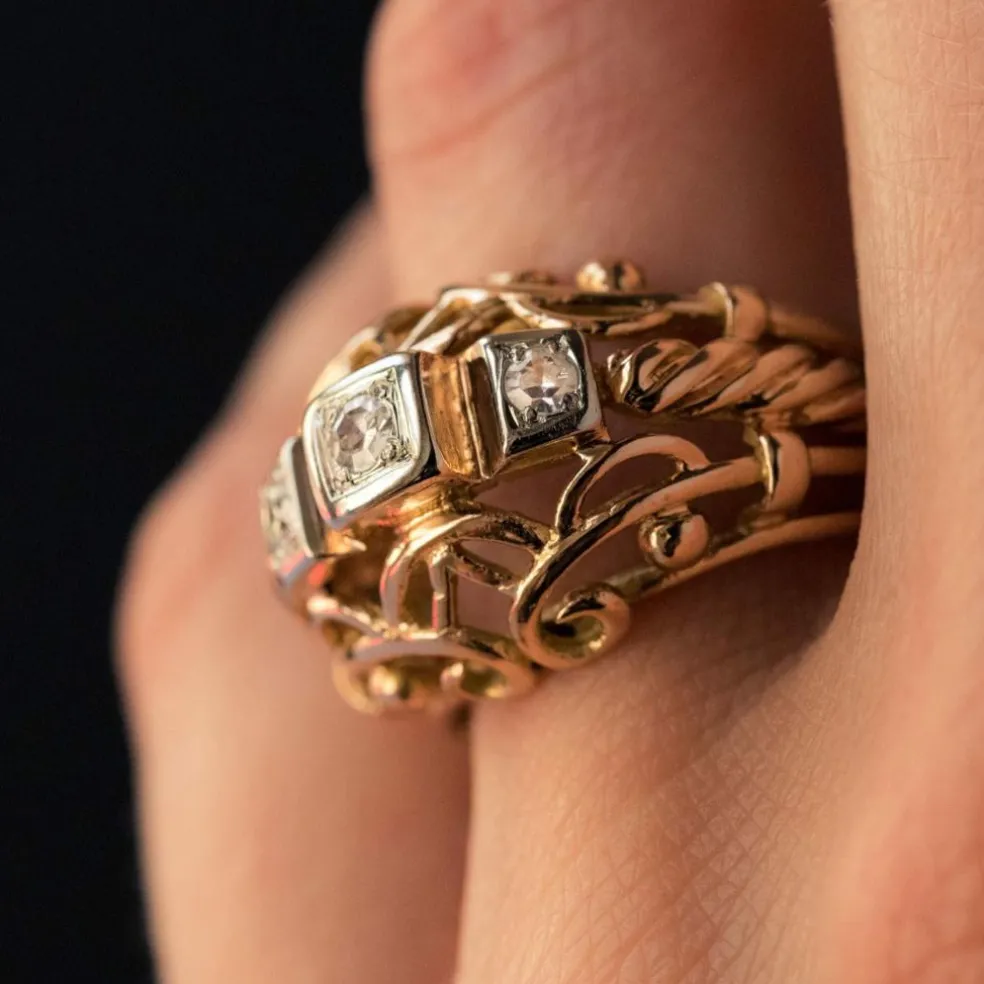 Bague vintage fils d'or rose et diamants