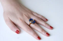 Bague vintage, lapis lazuli, or et diamants