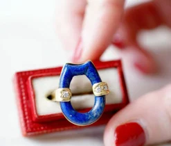 Bague vintage, lapis lazuli, or et diamants