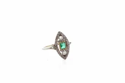 Bague vintage émeraude, diamants et perles