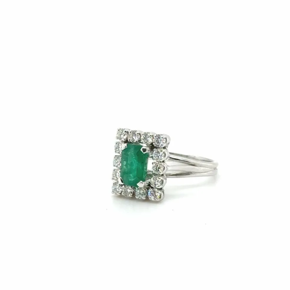 Bague Vintage Or blanc - Emeraude et Diamants