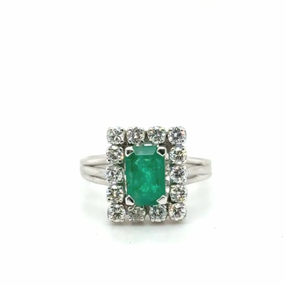 Bague Vintage Or blanc - Emeraude et Diamants