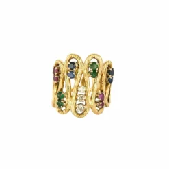 Bague vintage or jaune diamants rubis saphirs émeraudes