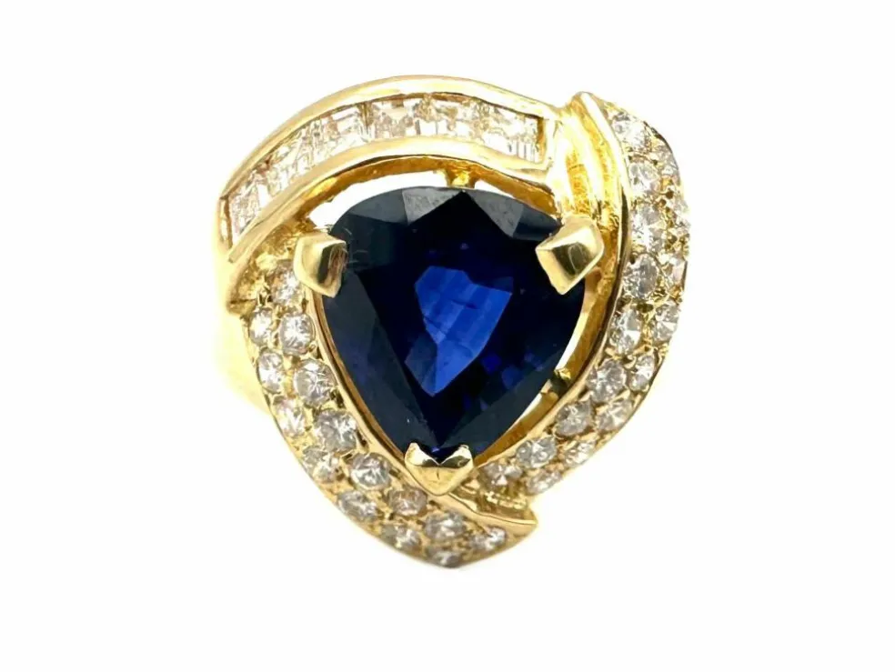 Bague Vintage or jaune 18K, saphir et diamants