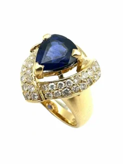 Bague Vintage or jaune 18K, saphir et diamants