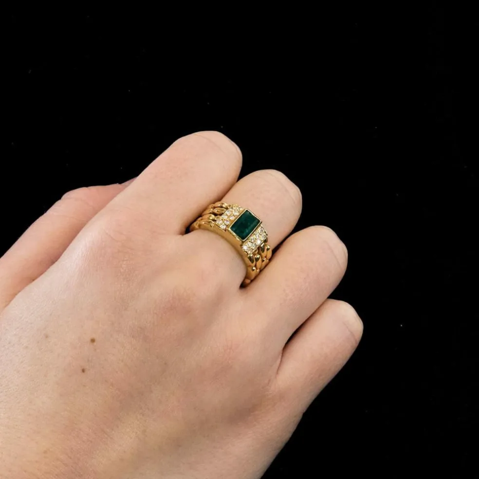 Bague Vintage Or Jaune Émeraude et Diamants