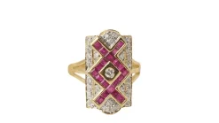 Bague vintage or jaune rubis et diamants