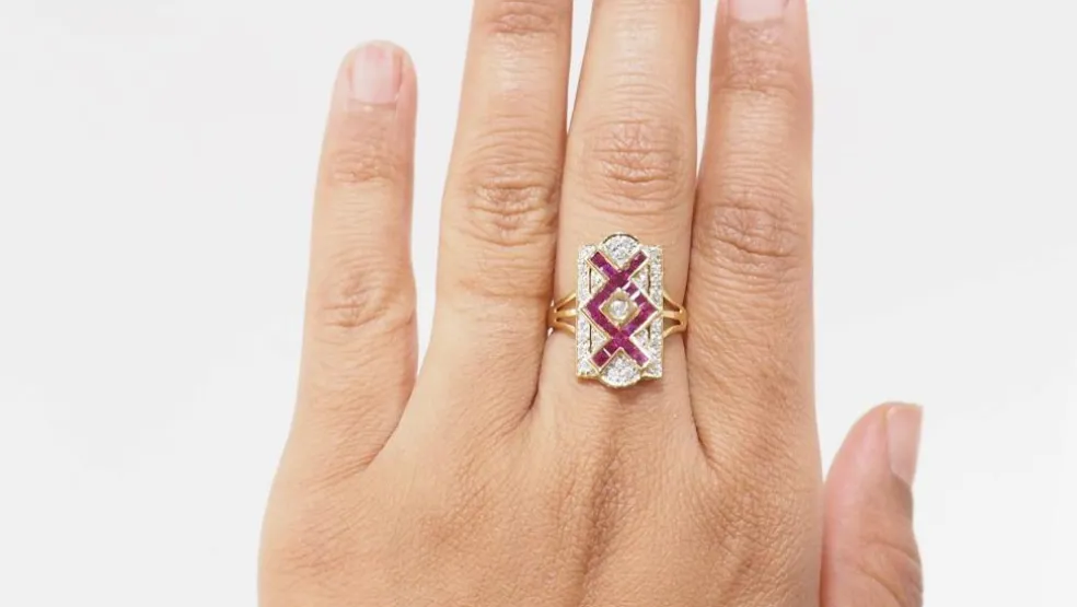 Bague vintage or jaune rubis et diamants