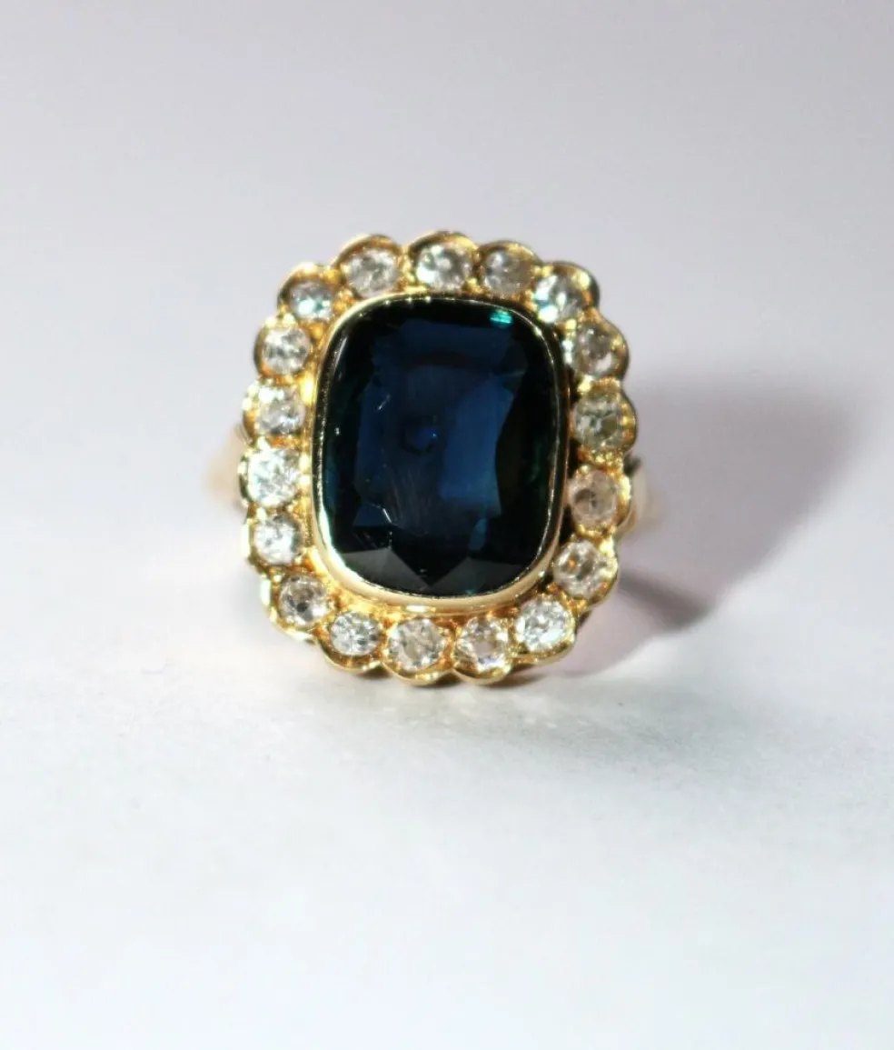 Bague Vintage Or Jaune Saphir Bleu Intense