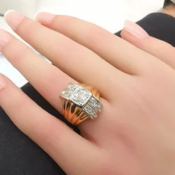 Bague vintage or rose platine & diamants