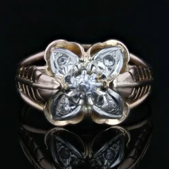 Bague vintage plumes et trèfle or rose