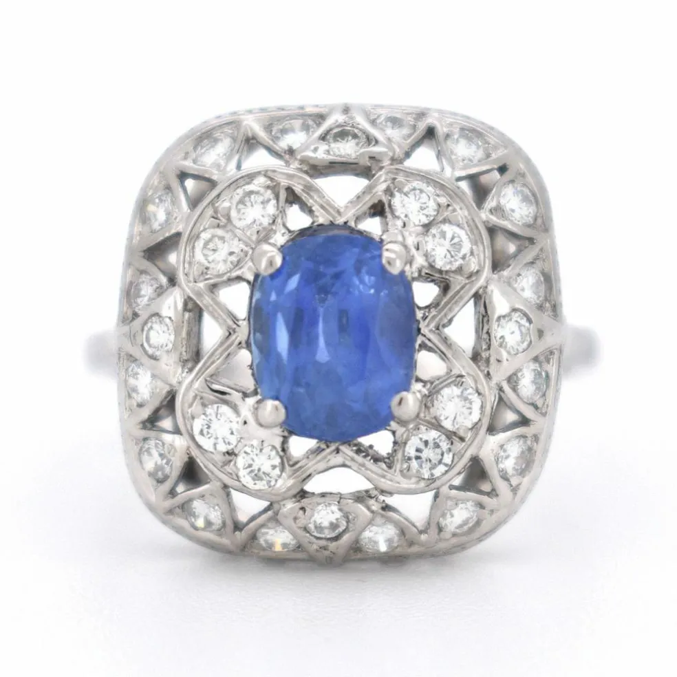 Bague Vintage Saphir et Diamants, Style Art Déco