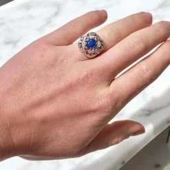 Bague Vintage Saphir et Diamants, Style Art Déco