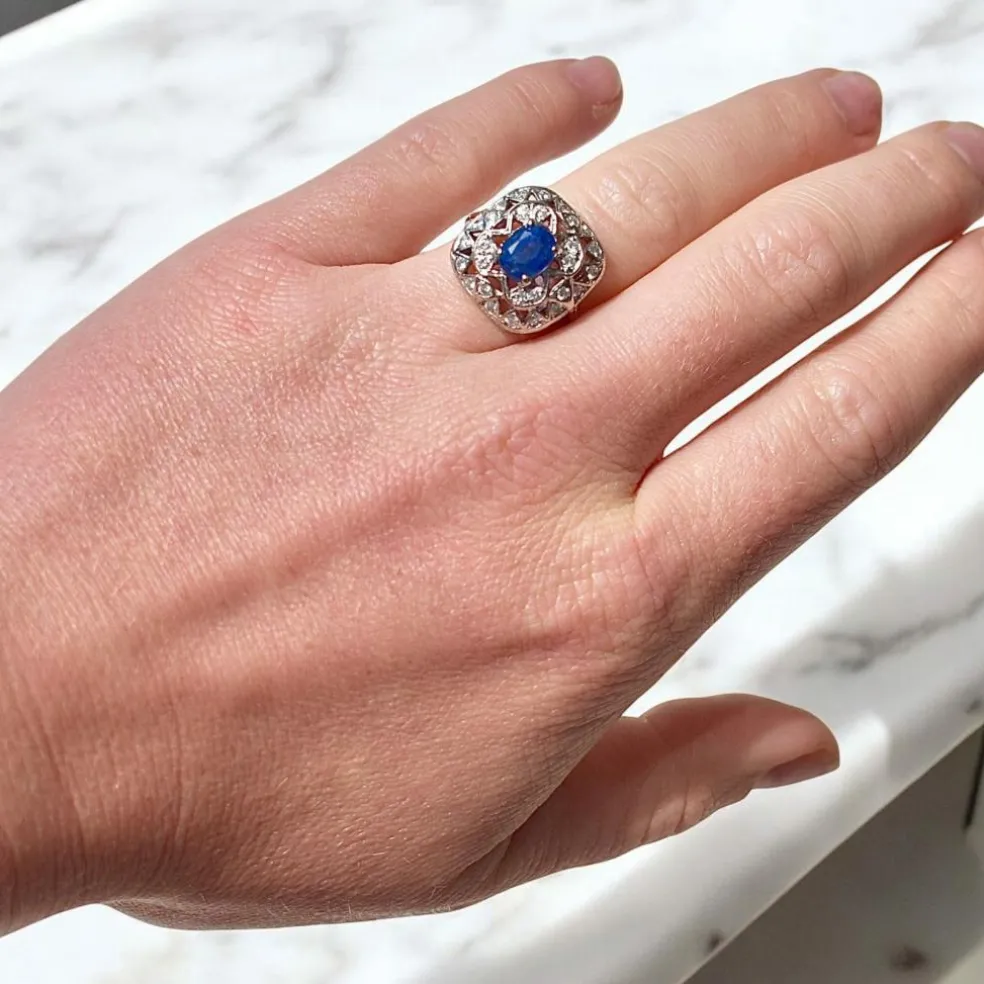 Bague Vintage Saphir et Diamants, Style Art Déco