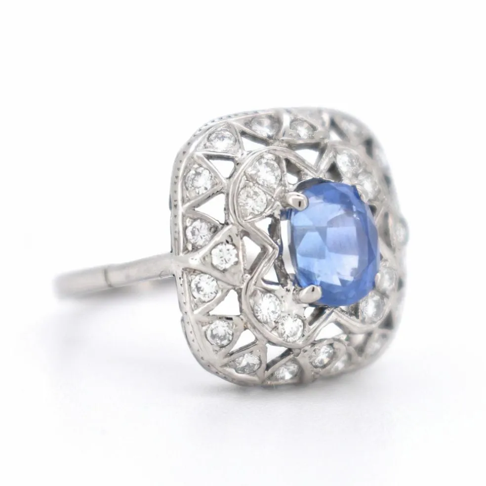 Bague Vintage Saphir et Diamants, Style Art Déco