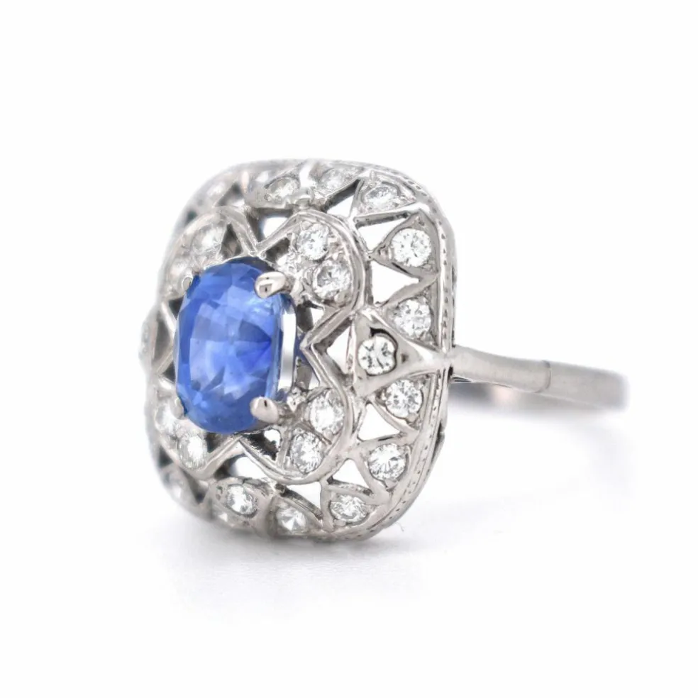 Bague Vintage Saphir et Diamants, Style Art Déco