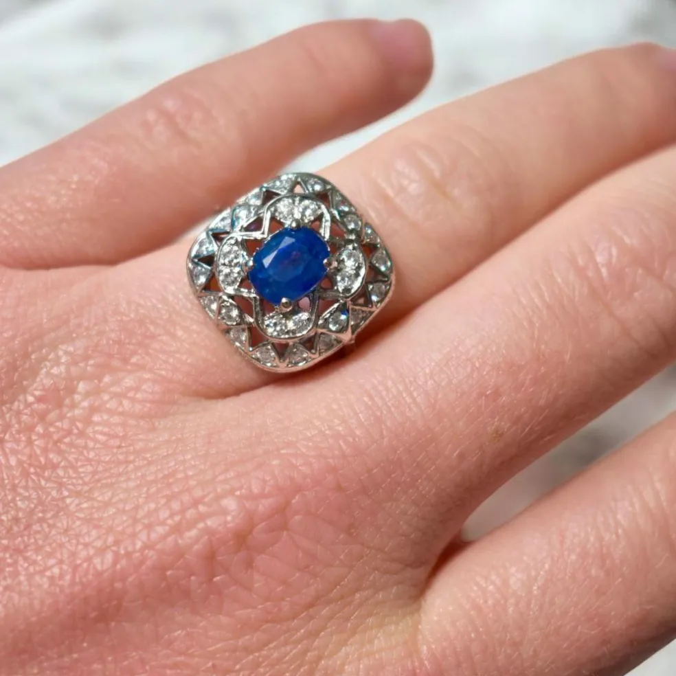 Bague Vintage Saphir et Diamants, Style Art Déco