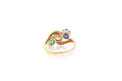 Bague vintage trilogie diamant, saphir et émeraude
