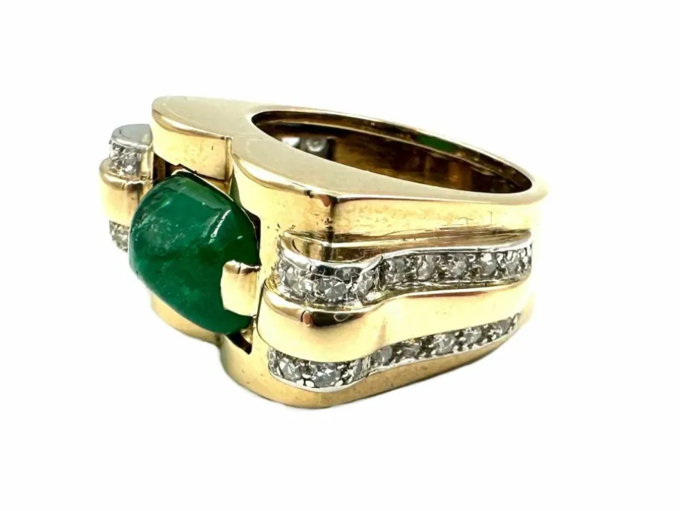 Bague vintage vers 1950 or jaune, émeraude et diamants
