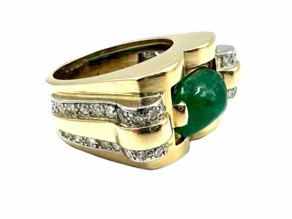 Bague vintage vers 1950 or jaune, émeraude et diamants