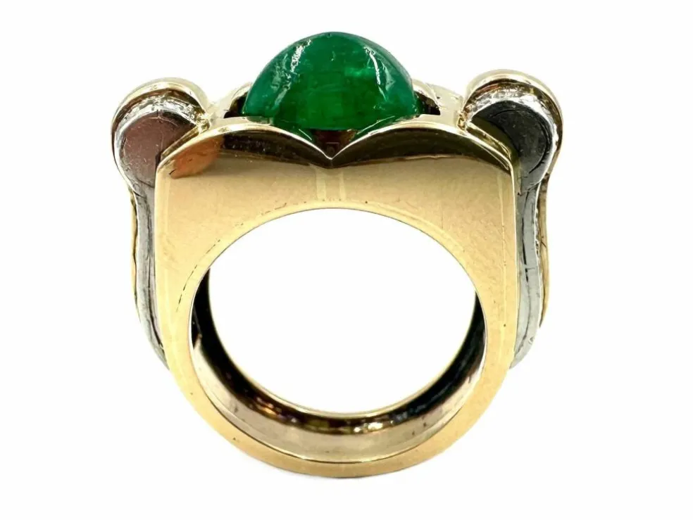 Bague vintage vers 1950 or jaune, émeraude et diamants