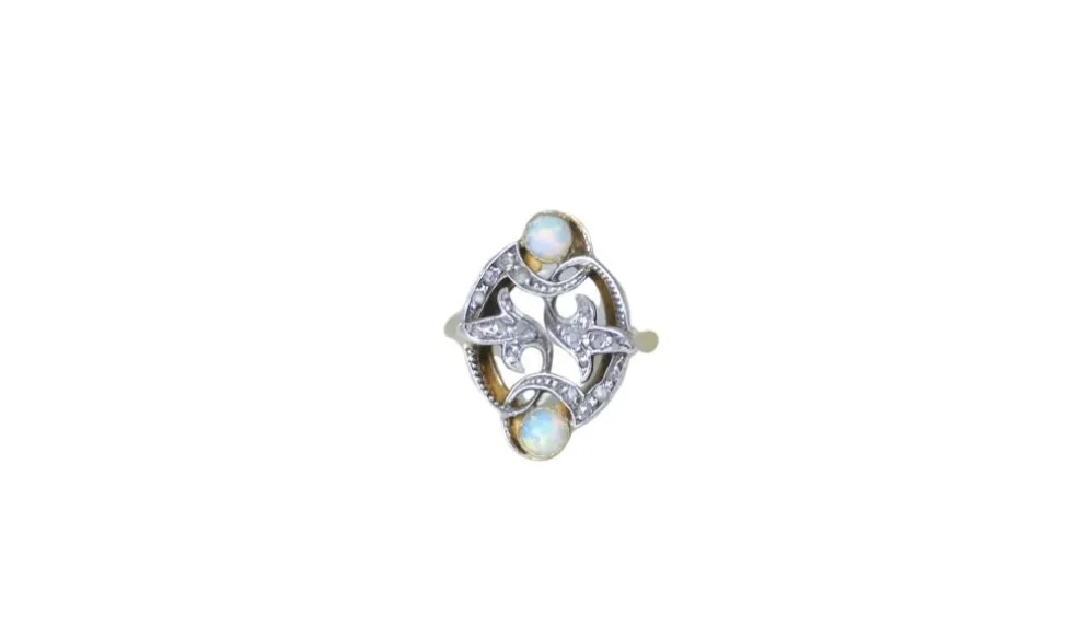Bague volutes Or jaune Argent Diamants Opales