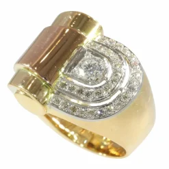Beauté architecturale : bague vintage en or jaune, rouge et platine avec diamants des années 1950