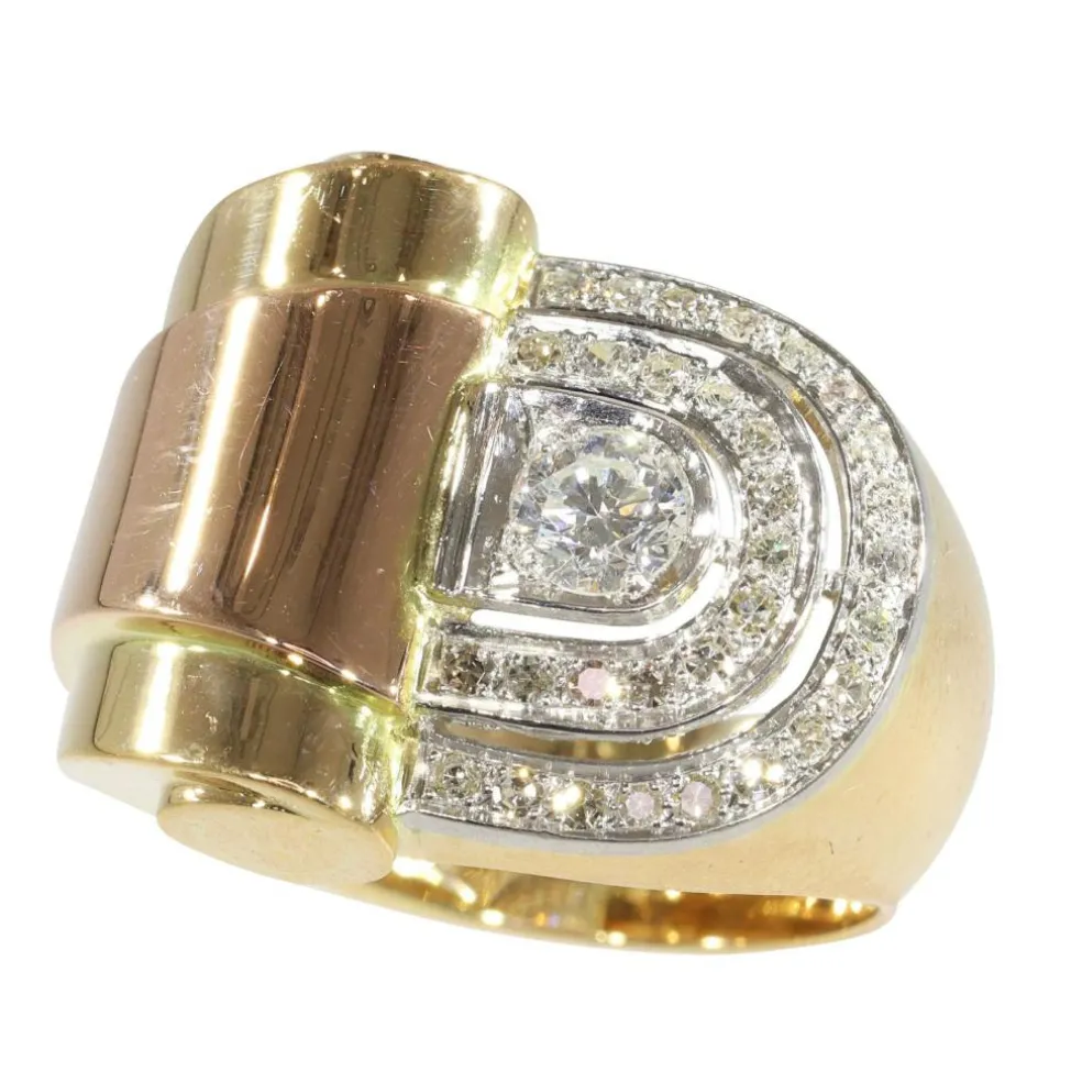 Beauté architecturale : bague vintage en or jaune, rouge et platine avec diamants des années 1950