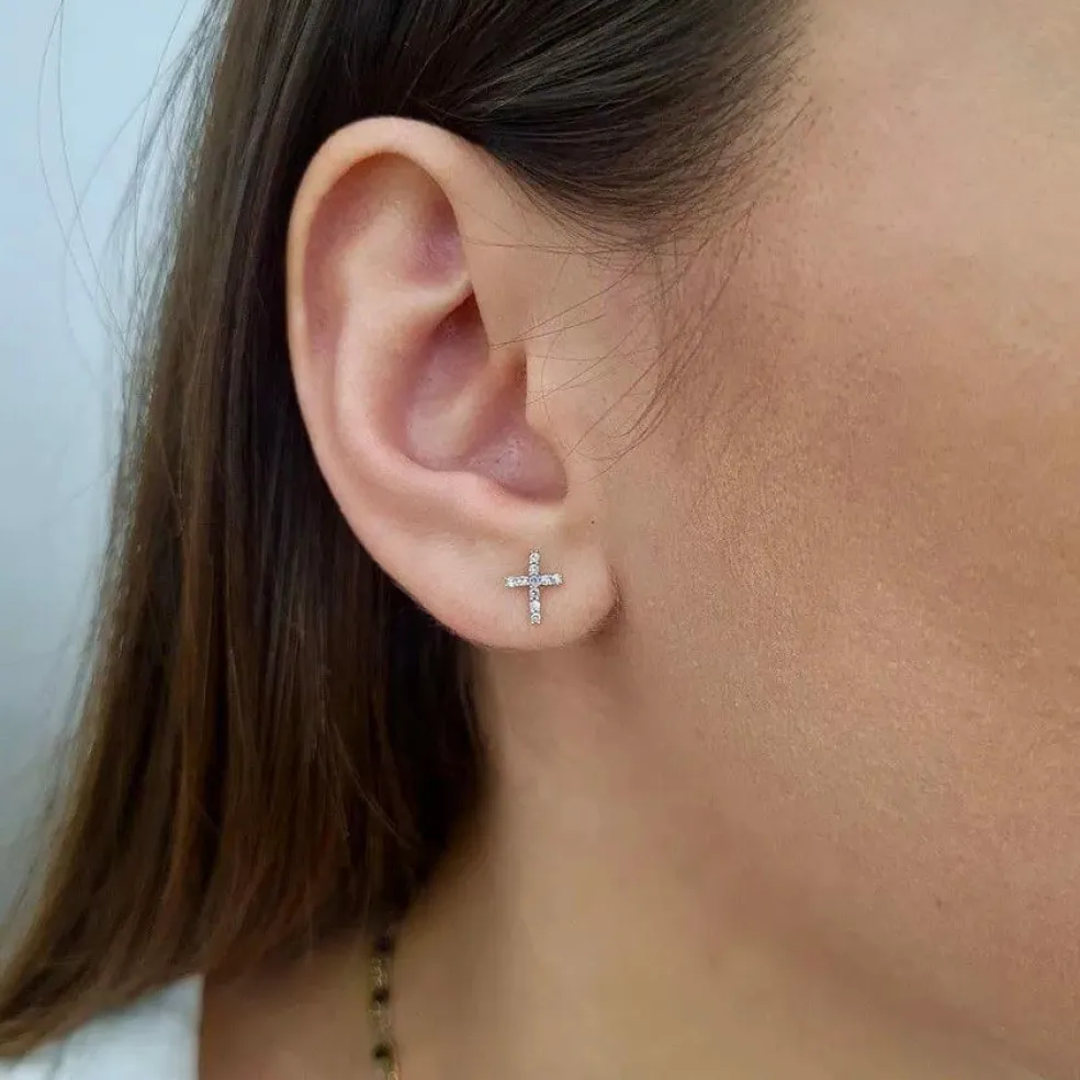 Boucle d'oreille croix diamants or jaune