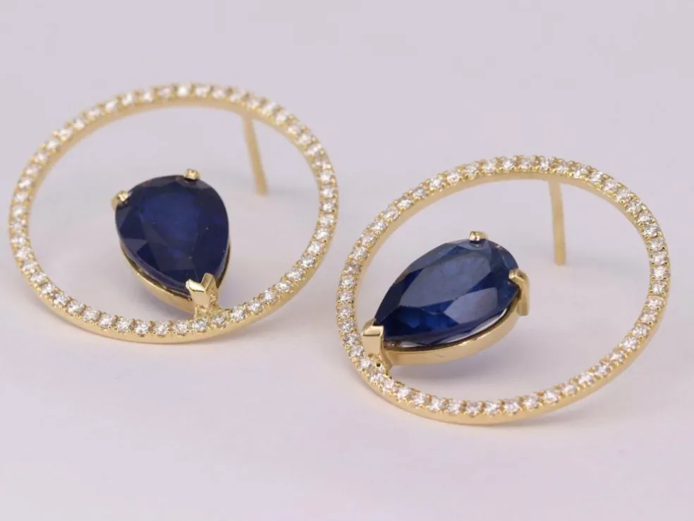 Boucle d'oreilles Or jaune Saphir Ceylan et Diamants