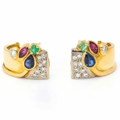 Boucles d'oreilles 2 Ors Diamants Émeraudes Saphirs Rubis