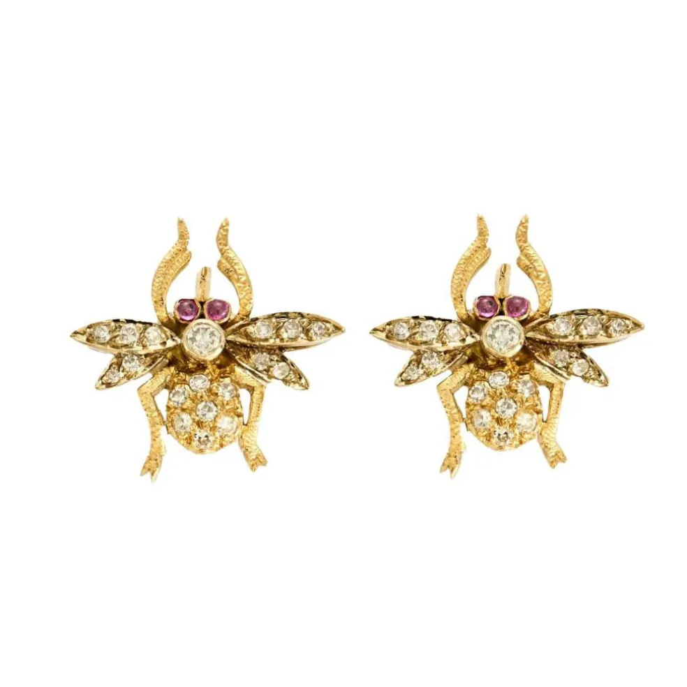 Boucles d'oreilles abeille, or jaune, rubis et diamants