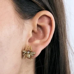 Boucles d'oreilles abeille, or jaune, rubis et diamants