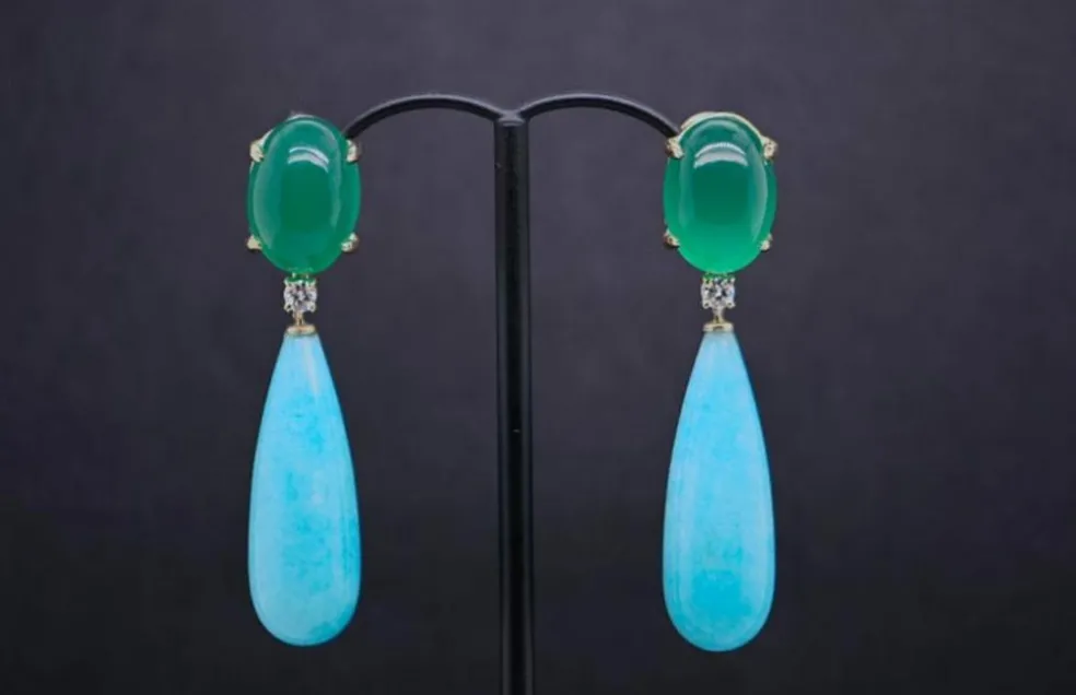 Boucles d'oreilles agate verte amazonite diamants