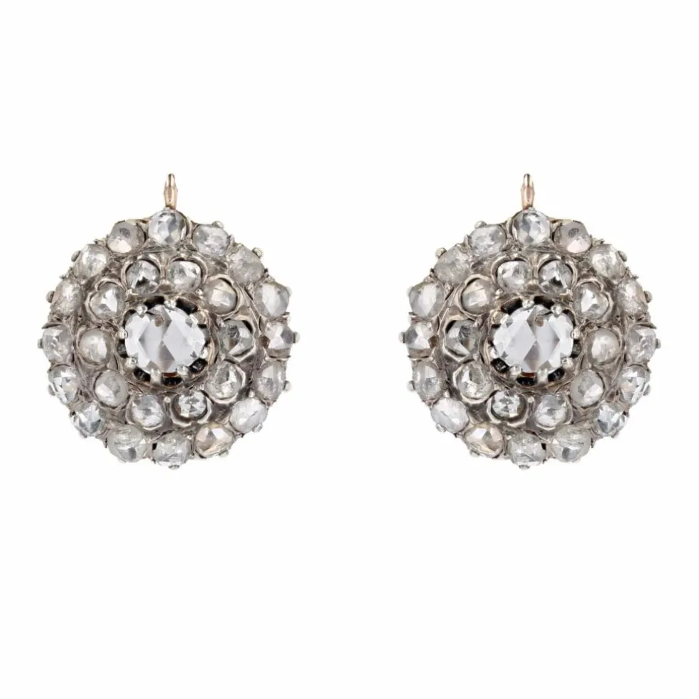 Boucles d'oreilles ancienne diamants taillés en rose en dormeuse