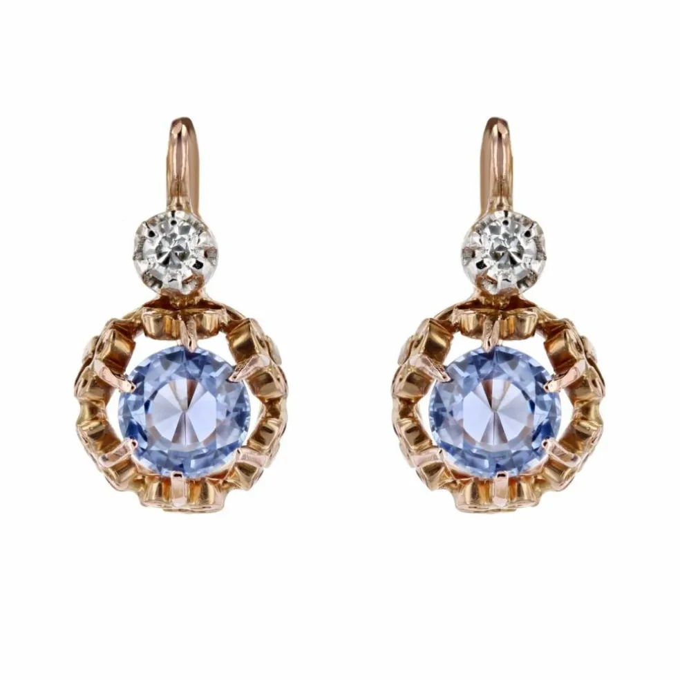 Boucles d'oreilles anciennes saphirs diamants dormeuses
